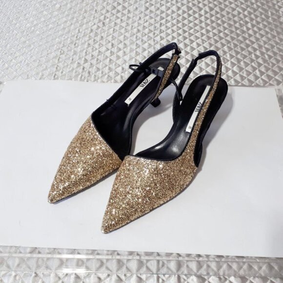 NWT Zara gold glitter slingback kitten heel pointed toe shoes, US7.5 / EU38 - Picture 10 of 11